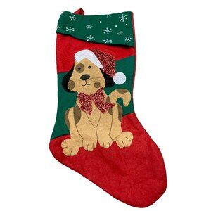 Christmas stocking brown dog sparkle Santa hat snowflakes bow embellished READ